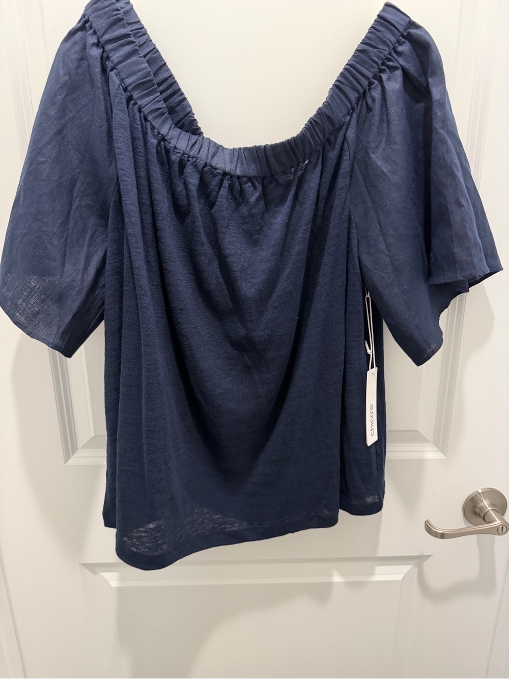 Chico's Navy Blue Linen Peasant Off-Shoulder Top